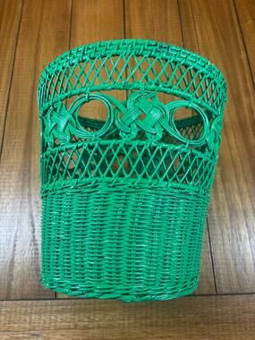 Green Wicker Wastebasket Planter Vintage Trash Can Shabby Chic Cottage BOHO